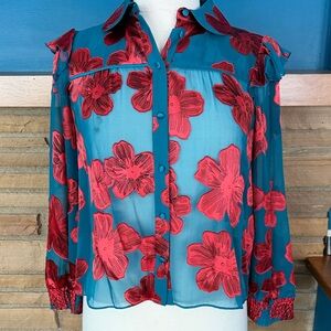 Alice + Olivia Red Floral Sheer Blouse
